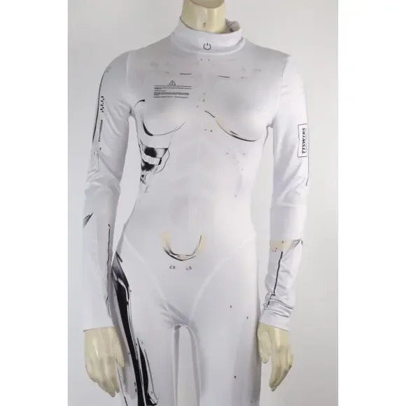 White Robotic Stretch Jumpsuit Tattoo Cyberpunk Longe Sleeve Bodysuit Size XS - Picture 3 of 14